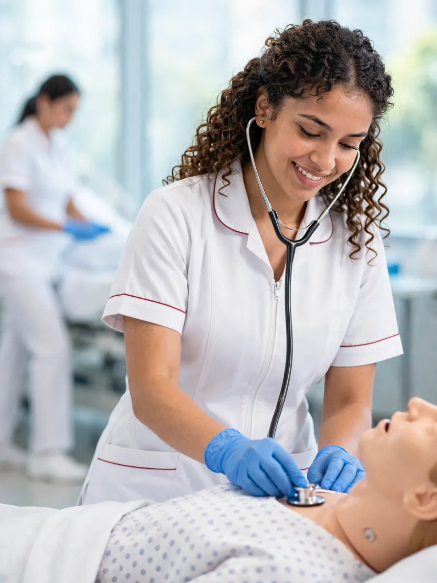 Estudiante de auxiliar en enfermería practicando con un simulador clínico